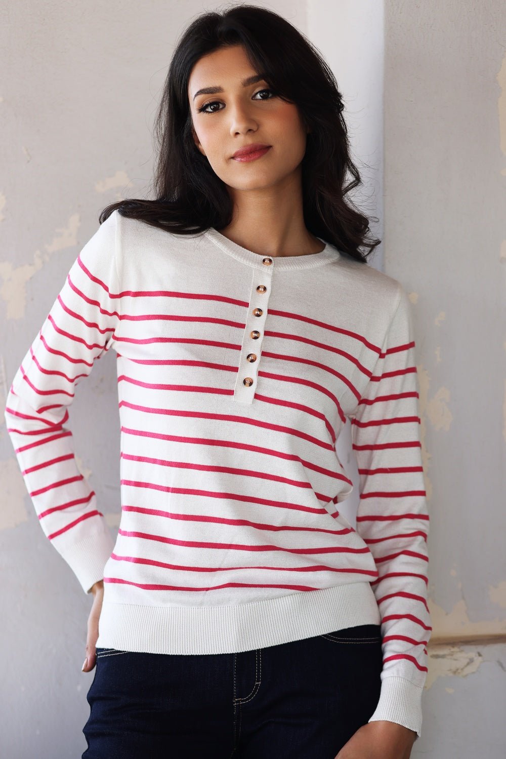 Pull Marinière Syrine – Blanc Rayé Fushia